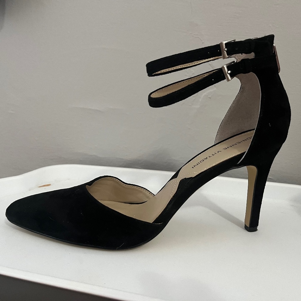 Adrienne Vittadini, black suede, double ankle strap, pointed toes 8.5
